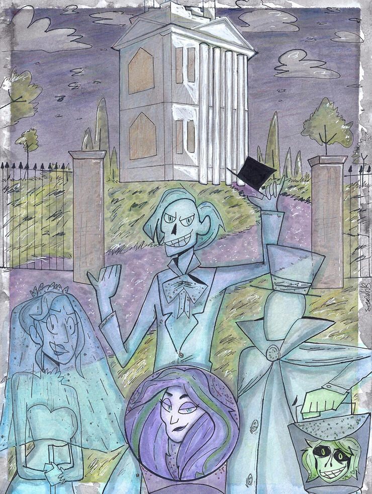 The Haunted Mansion is my favorite Disney ride. Done with mixed-media and an ooky-spooky invisible ink only seen under black light.